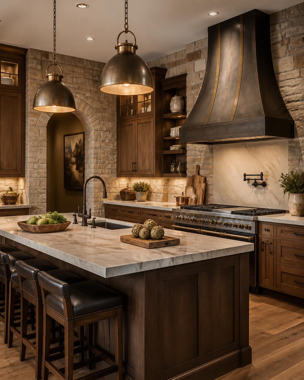 Stone-clad chef kitchen with warm pendant lighting