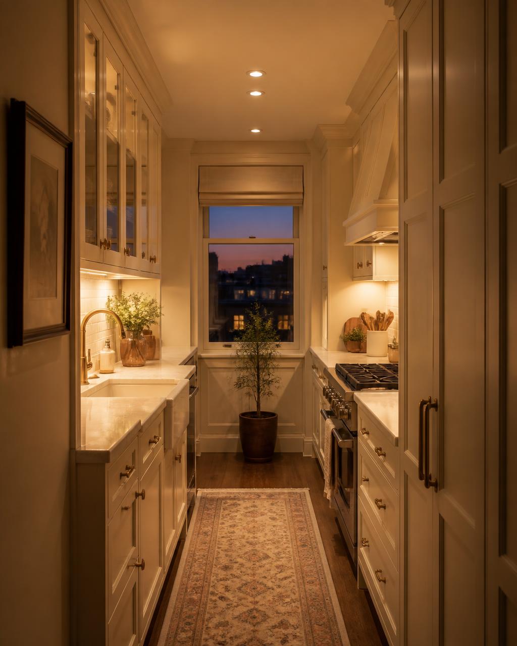 Warm cream galley kitchen with custom cabinets