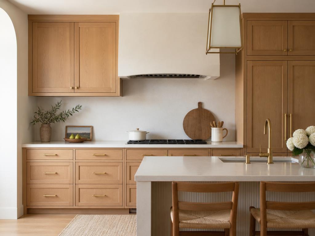 Warm flat-front oak cabinetry with brass pulls