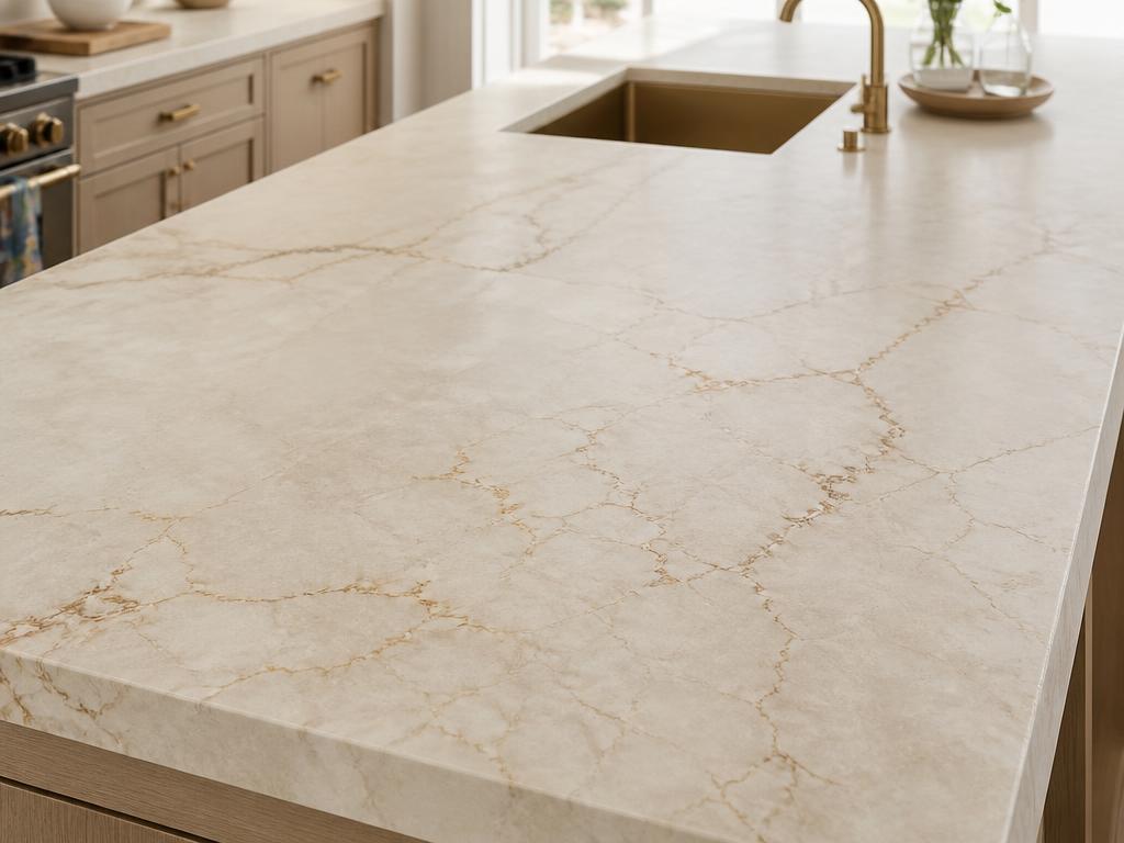 Honed stone countertop with subtle warm veining